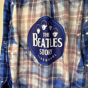 Women's The Beatles  bleached Plaid blue flannel shirt XL